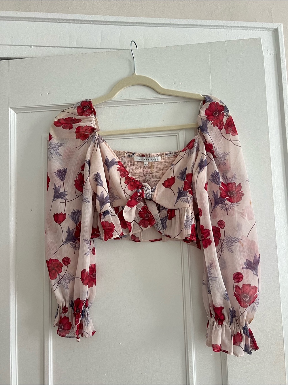 Endless Rose Cream Tie-Front Crop Top with Red Floral